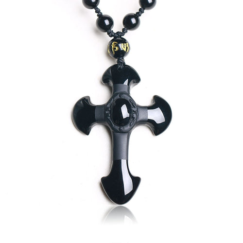 Natural Stone Obsidian Cross Amulet  Necklace